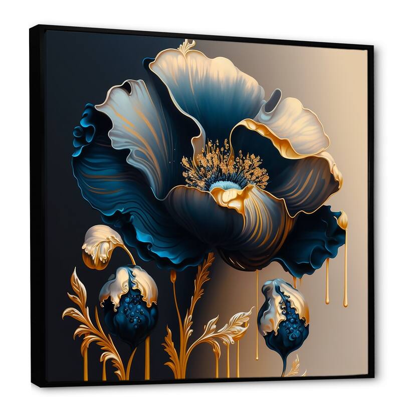 Designart "Deep Blue And Gold Single Flower V" Floral & Botanical Framed Canvas Art Print
