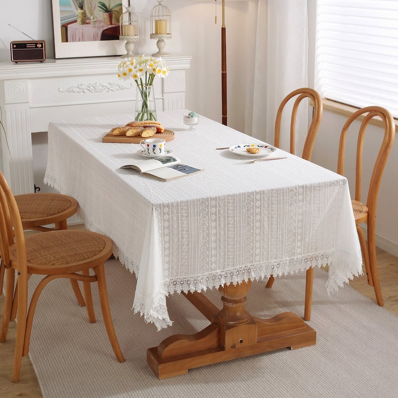 Enova Home High Quality Rectangle Cotton Washable Tablecloth Stripe with Tassel for Home Party Wedding Dining Christmas