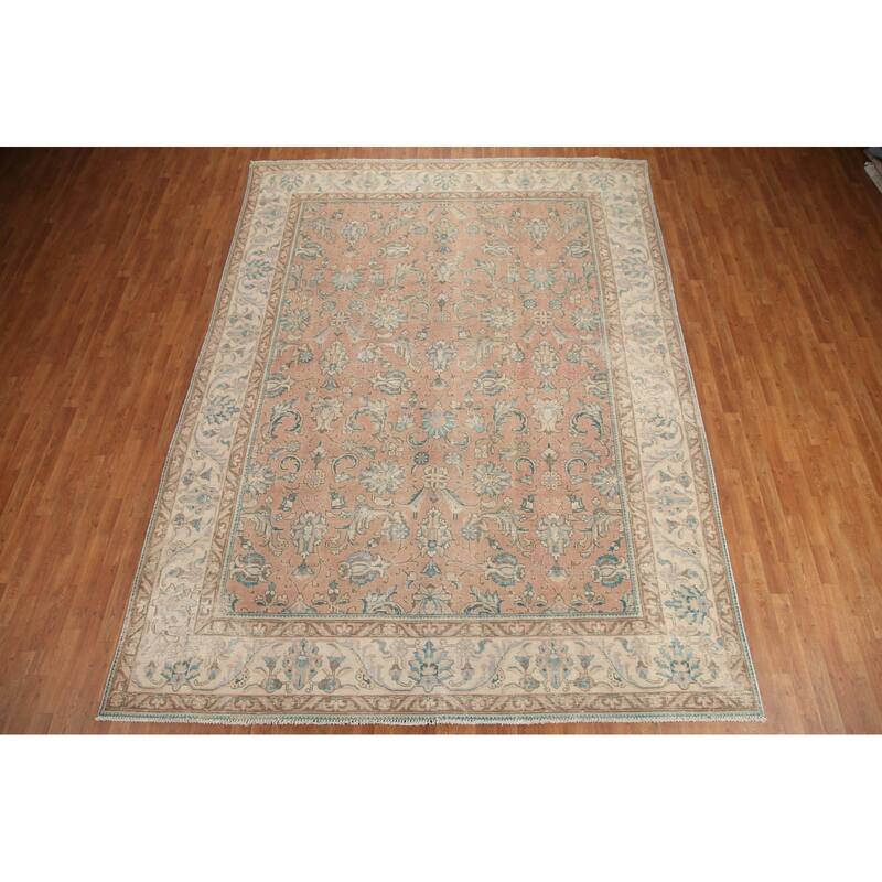 Hand Knotted Oriental 100% Wool Carpet Traditional All-Over Pink Tabriz Area Rug - 12' 4'' X 9' 2''