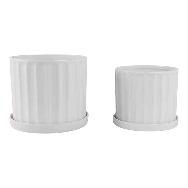 Ceramic Saucer Planters Ribbed Texture (Set of 2) - 10", 9" White - 12" x 12" x 10"