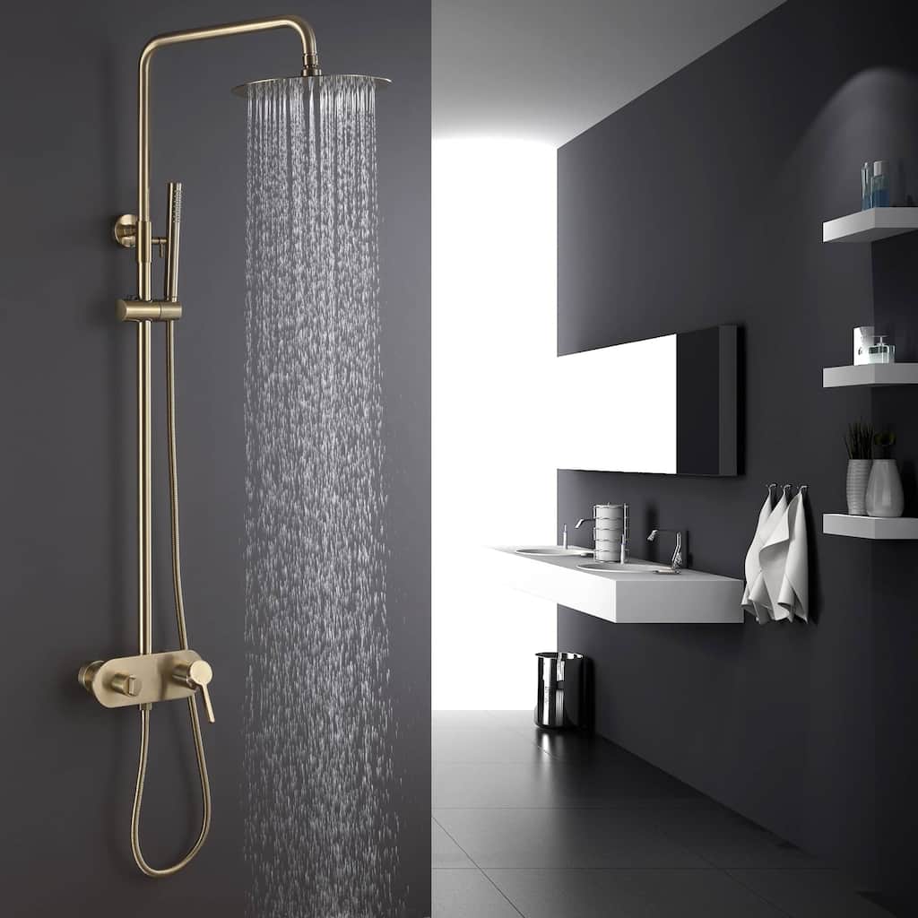 Wall Mount Tub and Shower Faucet With Hand Shower Exposed Pipes Shower System With Rough-in Valve 9.84 In Shower Head Kit Set