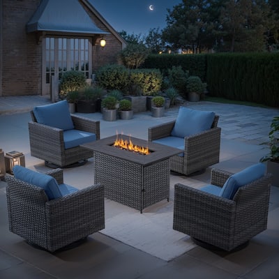 4 Outdoor Swivel Chairs with Fire Pit Table - Blue cushion - Grey