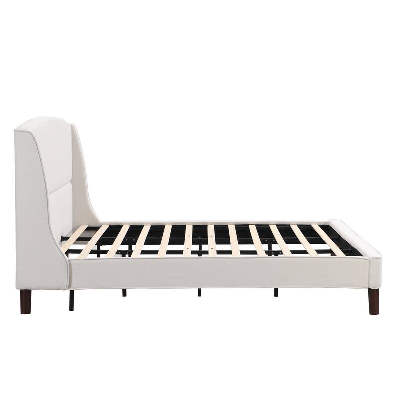Beige Upholstered Fabric Frame Bed with Wingback Headboard, King Size Platform Bed with Wood Slat and Metal Support
