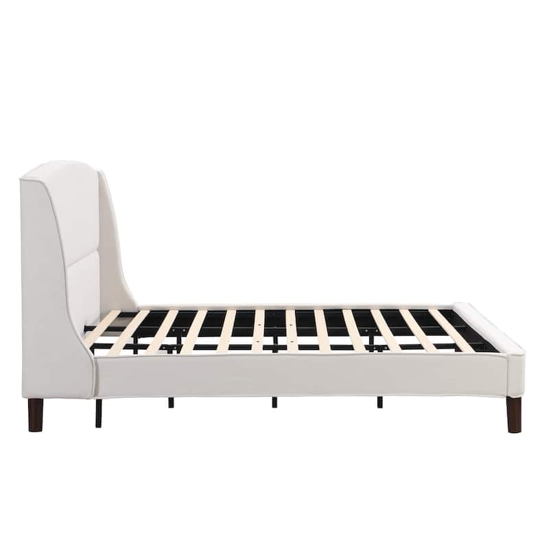 King Size Bed Frame with Wood Slat Frame Built-in Metal Legs Support, Linen Fabric Upholstered Headboard Wingback Platform Bed
