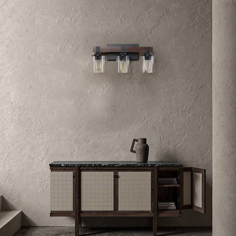 19" Rustic 3-Light Vanity Light, Industrial Bathroom Wall Sconce with Glass Shades and Wood Accent (No Bulbs) - Walnut