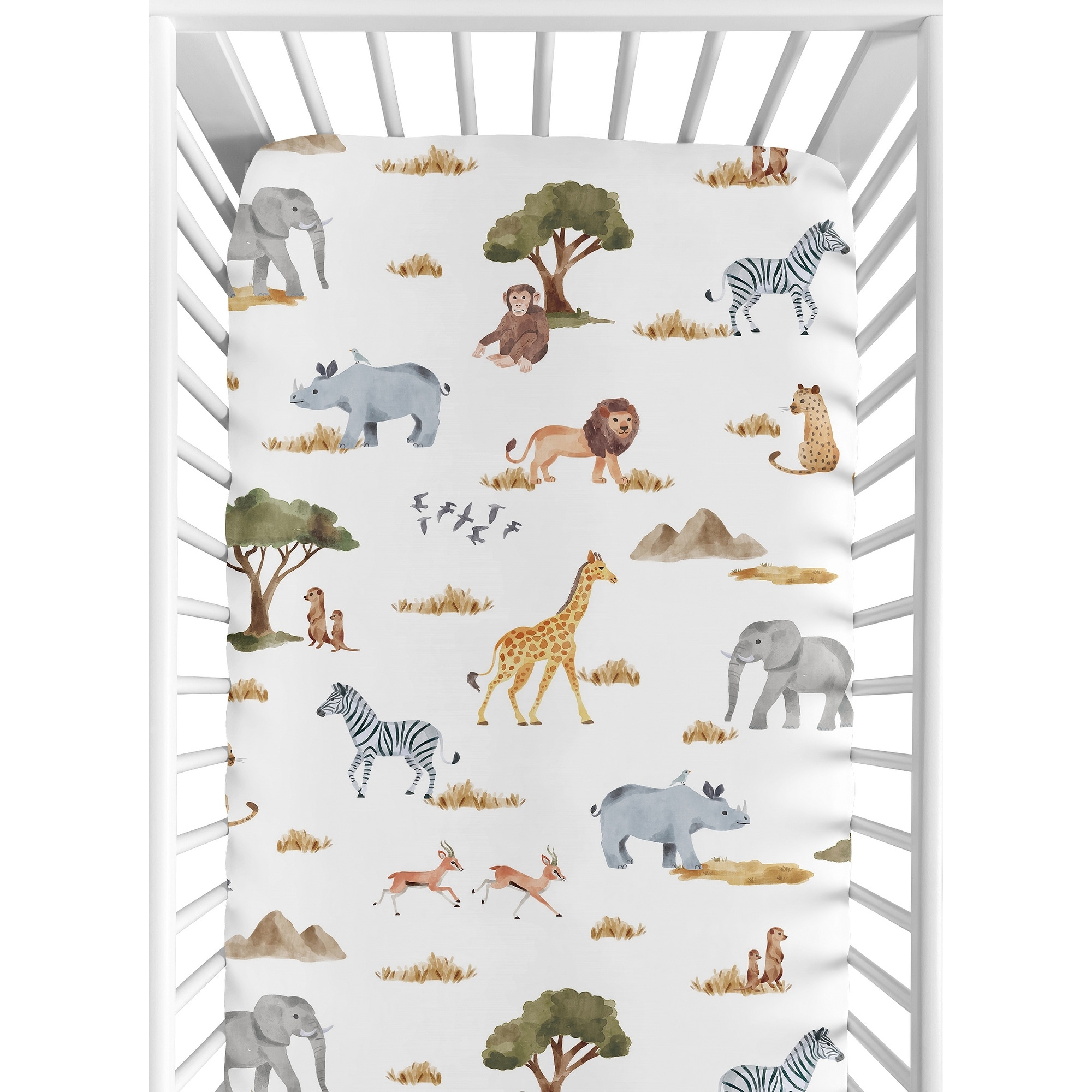 Jungle Animals Fitted Crib Sheet Hunter Green Yellow Grey Black and White Safari Elephant Giraffe Lion Monkey Leopard Cheetah
