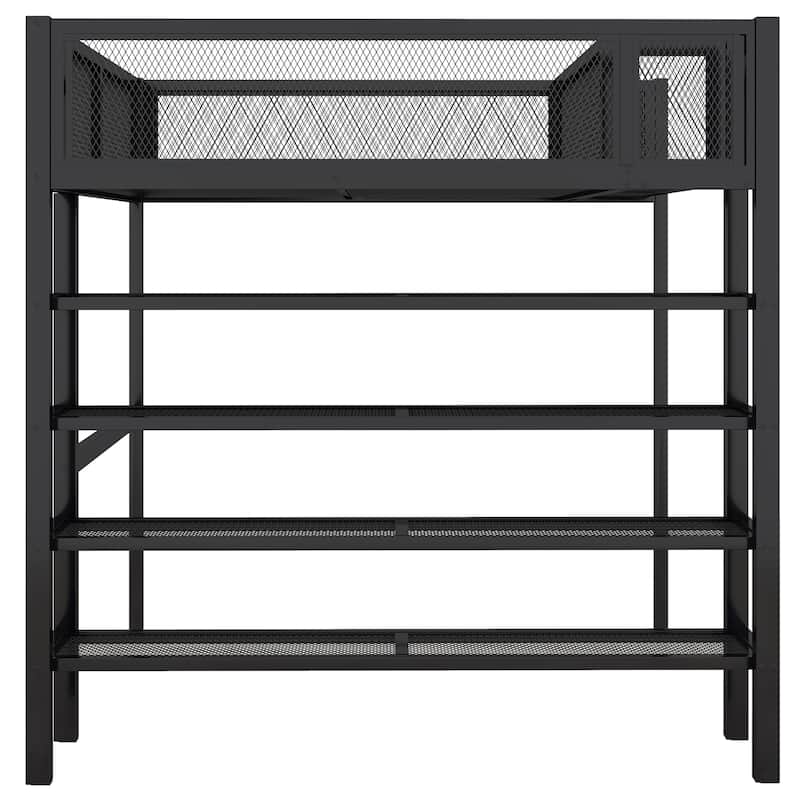 Full Size Metal Loft Bed with 4-Tier Shelves, Workstation, and Full-length Guardrail