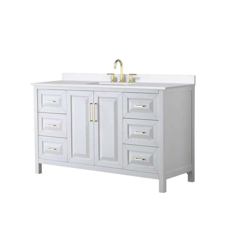 Daria 60-inch Single Vanity, 3 Hole Quartz Top - White, Gold Trim, White Quartz Top
