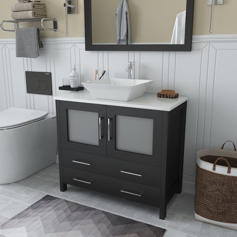 Vanity Art 36" Single Sink Bathroom Vanity Set with Engineered Marble Top Free Mirror - 36 x 18.5 x 36 Inches