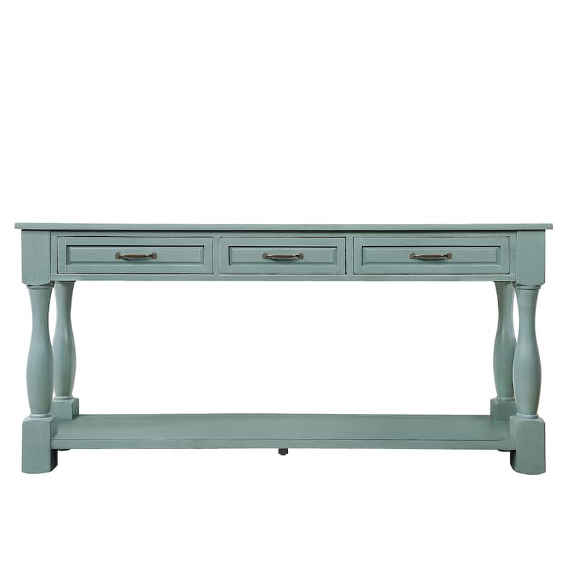 63 Inch Extra Long Console Table with 3 Drawers and Bottom Shelf, Solid Wood Entryway Sofa Table for Hallway, Living Room - Retro Blue