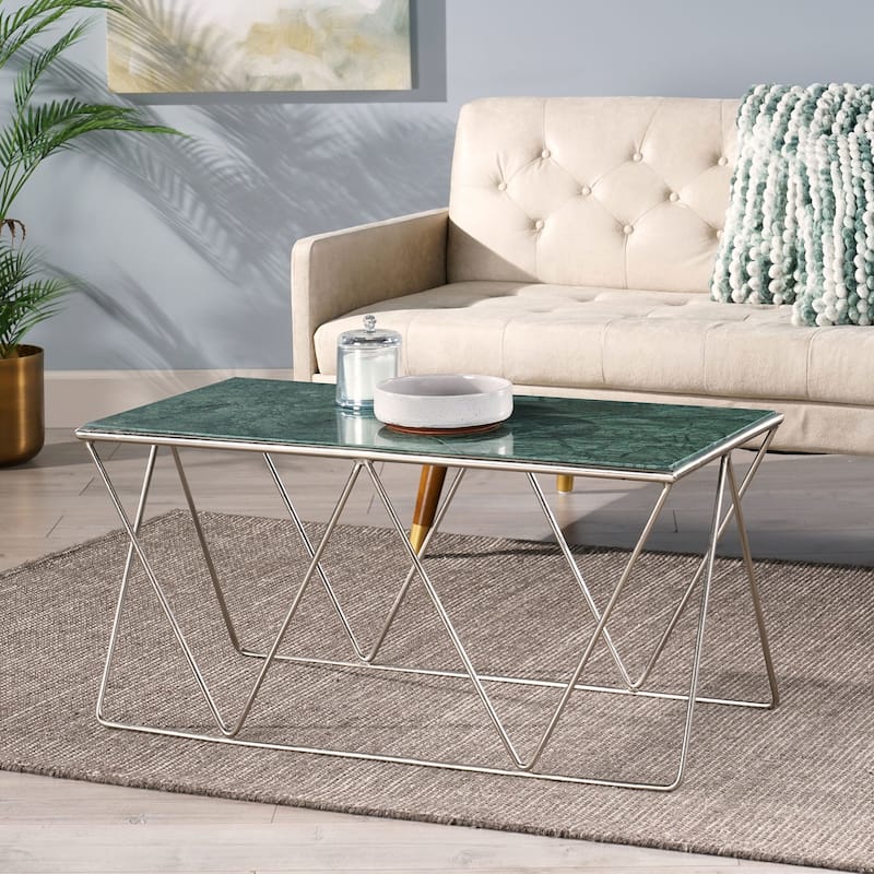 Roomfitters Modern Accent Coffee Table with Faux Green Marble Glass Top, Geometric Silver Metal Frame, Contemporary Style