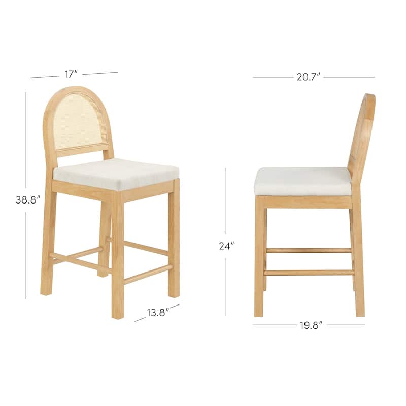 Bailey Boucle Upholstered Rattan Bar Stool or Counter Height Stool with Natural Rattan Woven Back For Kitchen Island