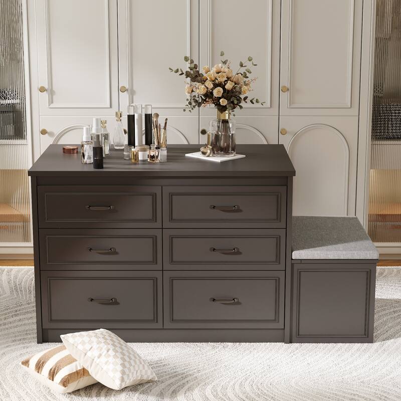 White Dresser with Seat and Storage 6 Drawer Closet Island Cabinet Bedroom Organization Bench