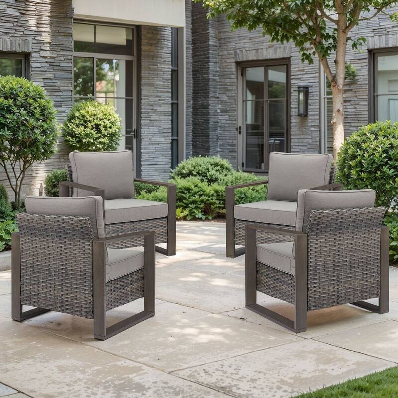 Pocassy 4 Pieces Outoor Patio Chairs Club Chair Set - Gray cushion - Gray Wicker
