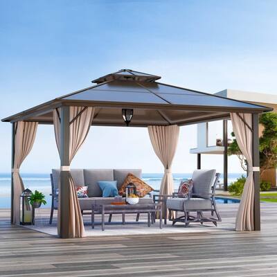 Erommy Outdoor Double Roof Permanent Hardtop Gazebo Pergola with Prime Netting and Curtains