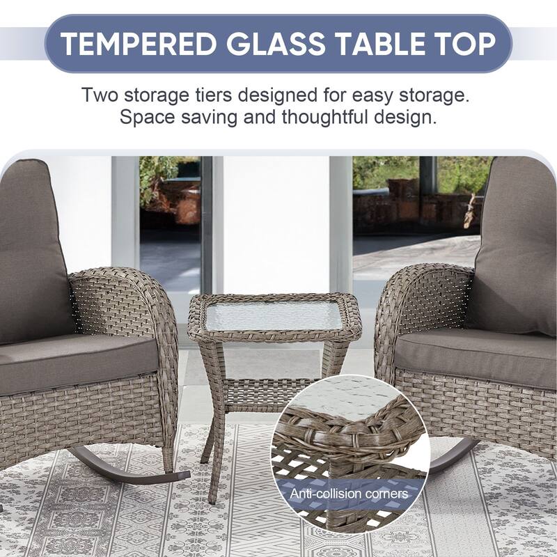 PlainCurve 3-Piece Wicker Outdoor Patio Conversation Set with Rocking Chairs and Olefin Cushions