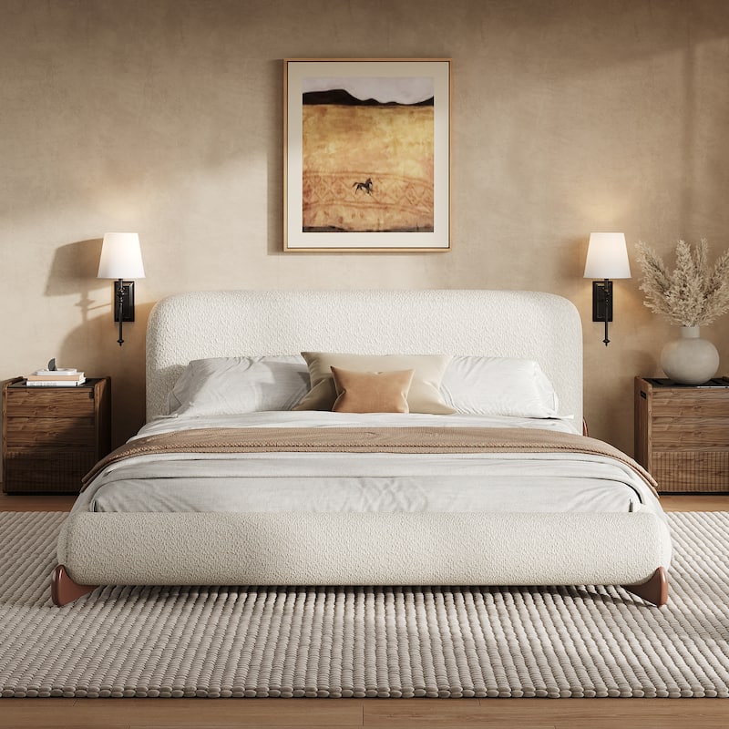Christopher Knight Home - Oberon Boucle Upholstered Platform Bed with Thick Headboard and Solid Wood Legs - White - Queen