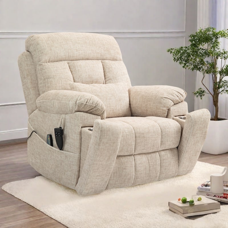Velvet Oversized Power Lift Recliner Chair with Dual OKIN Motors, 180° Flat Lay, Massage, and 400 lbs Capacity - Cream