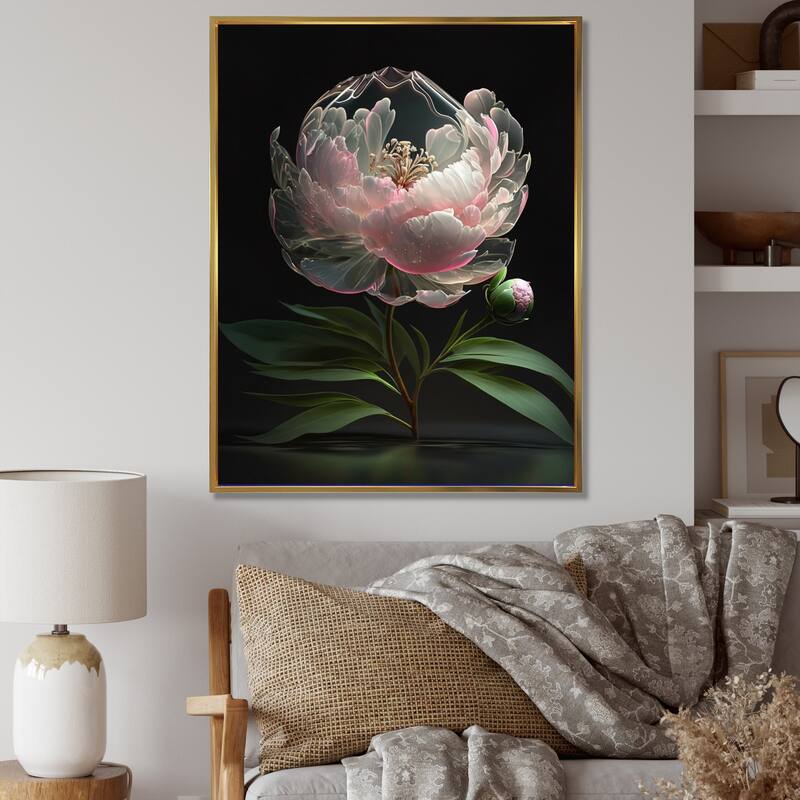 Designart "Pink Green Peonies Petals" Floral Peony Framed Wall Art Prints - 16 in. wide x 32 in. high - Gold