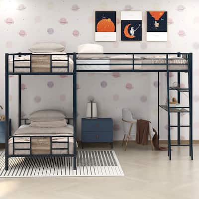 L Shaped Metal Bunk Bed Frame, Twin over Twin Bunk Bed and Twin Size Loft Bed with Built In Desk and Shelf