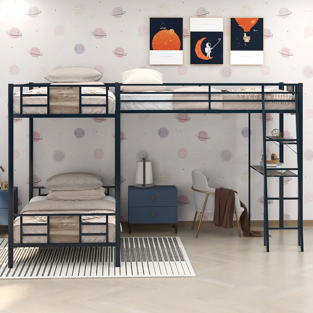 L Shaped Metal Bunk Bed Frame, Twin over Twin Bunk Bed and Twin Size Loft Bed with Built In Desk and Shelf