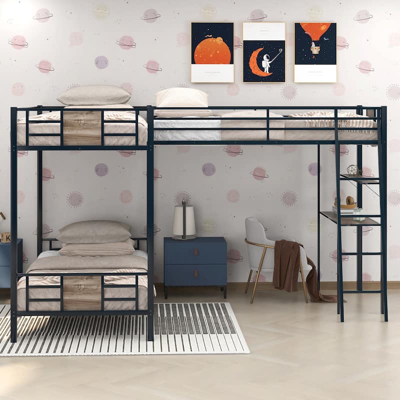 Twin Bunk Bed with Loft and Desk - L-Shaped Metal Frame for Kids' Rooms