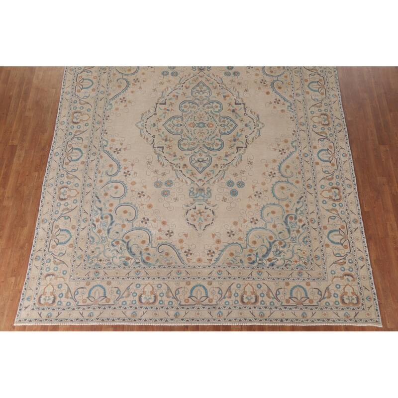 Hand Knotted Oriental 100% Wool Carpet Traditional Floral Beige & Ivories Tabriz Area Rug - 12' 7'' X 9' 5''