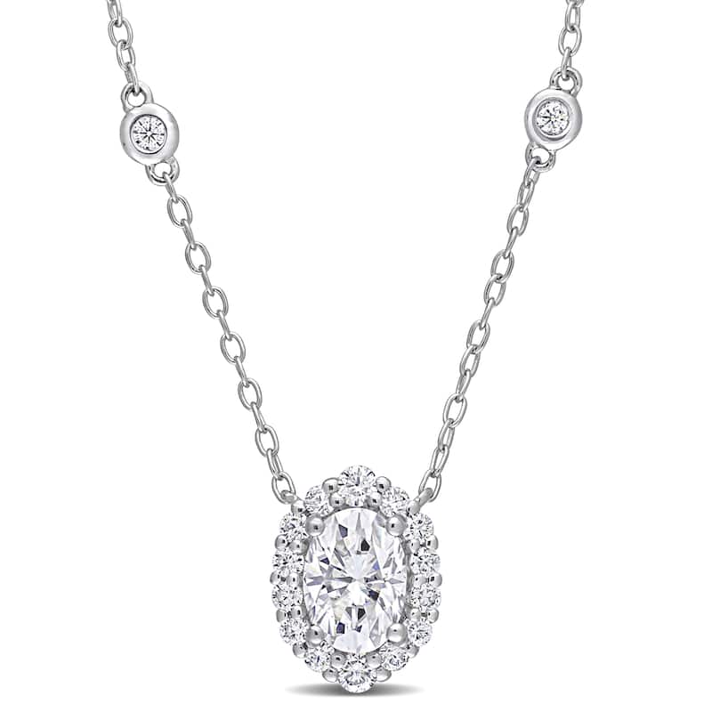 Miadora 1 1/2ct DEW Oval-cut Moissanite Halo Station Necklace in Sterling Silver