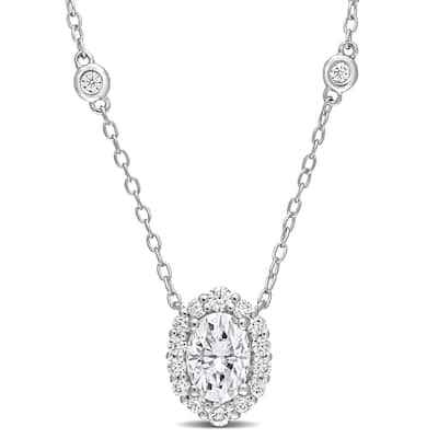 Miadora 1 1/2ct DEW Oval-cut Moissanite Halo Station Necklace in Sterling Silver