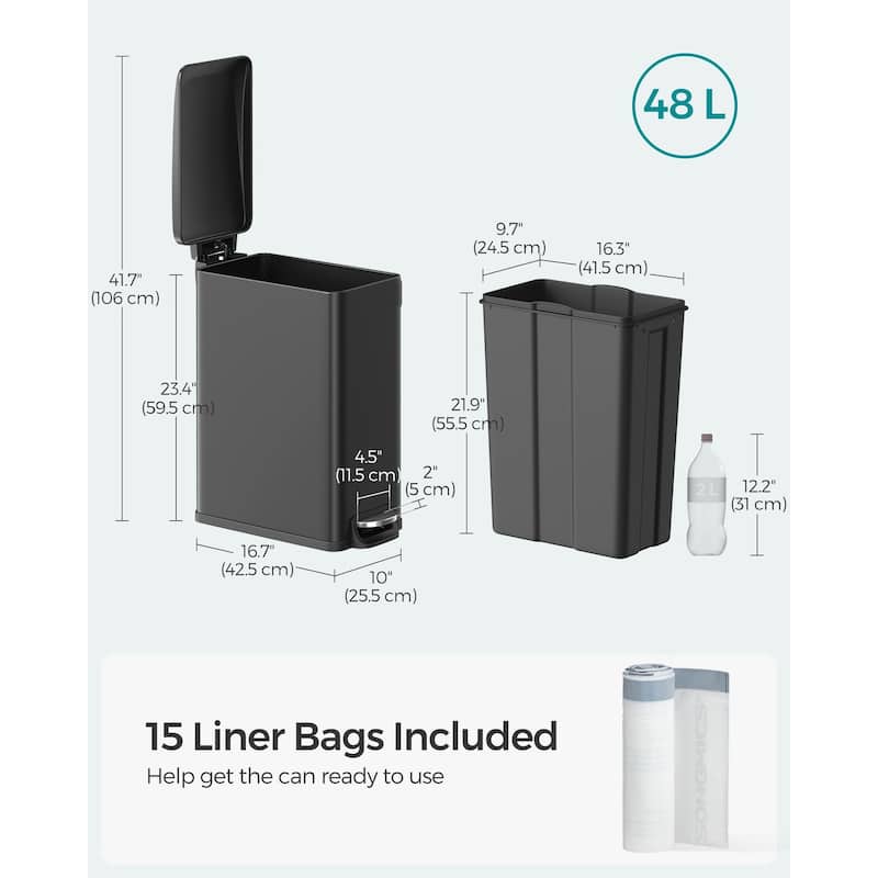 Slim Stainless-Steel Trash Can 12.7 Gallon with Soft Close Lid and Removable Inner Bucket Pedal Control
