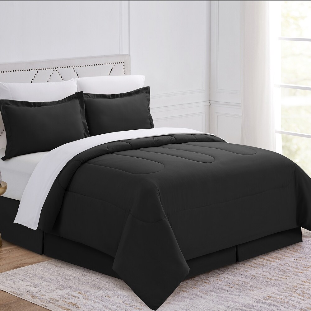 Queen 8 Piece Solid Bed-in-a-Bag Bedding Comforter Set with BONUS Sheets Black 