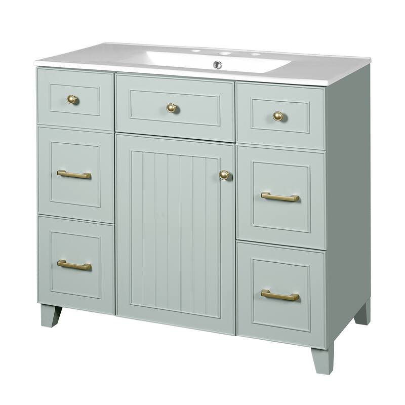 Elegant Green & Gold Cabinet Bathroom Vanity with Vertical Stripe Door, Standard Drawers, 2-Layer Drawers and Adjustable Shelf