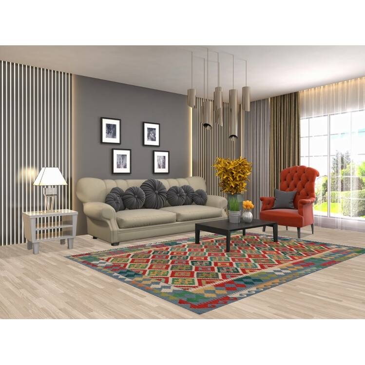 Kilim Oriental Area Rug Flatweave Wool Carpet - 5'11" x 8'3"