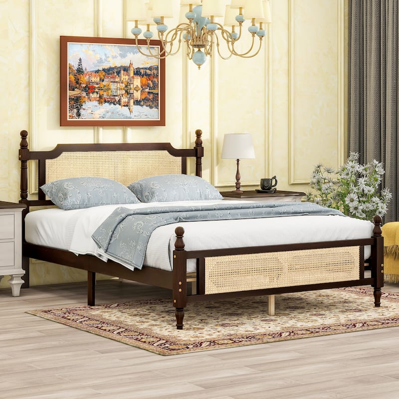Queen Pine wooden Bed with Rattan Headboard and Footboard