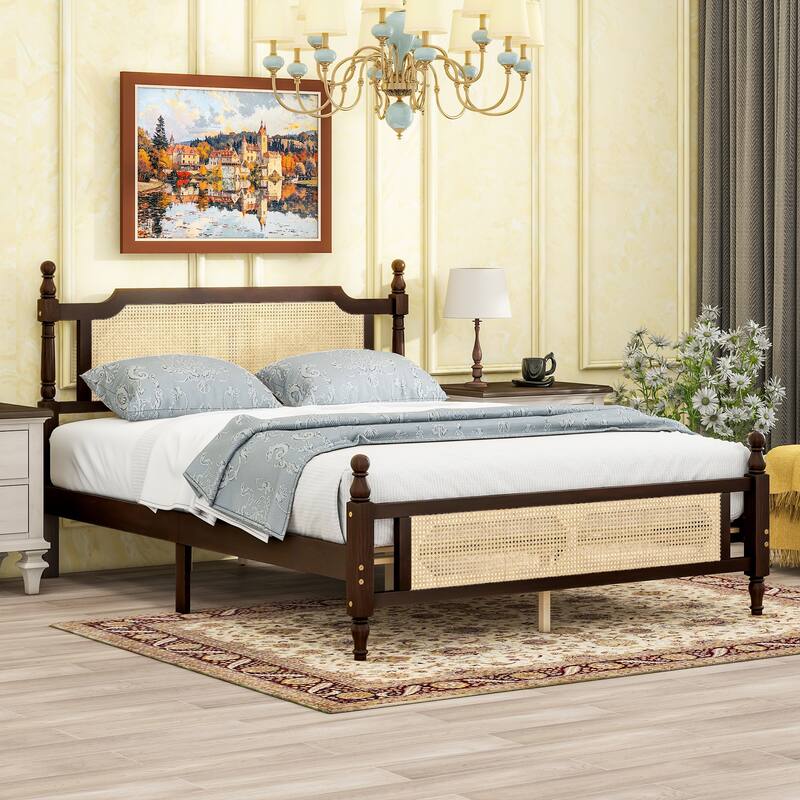 Queen Platform Bed with Rattan Headboard & Solid Pine Wood Frame