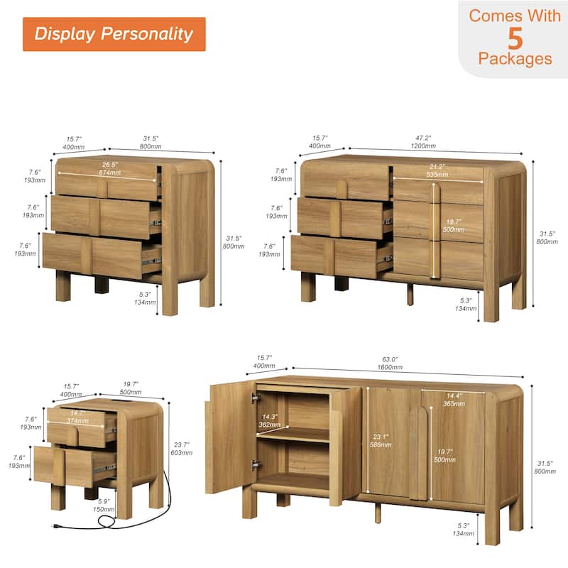 5 Pcs Wood Dresser and Nightstand Sets for Bedroom，Mid-Century Modern Bedroom Set with Curved Profile Design