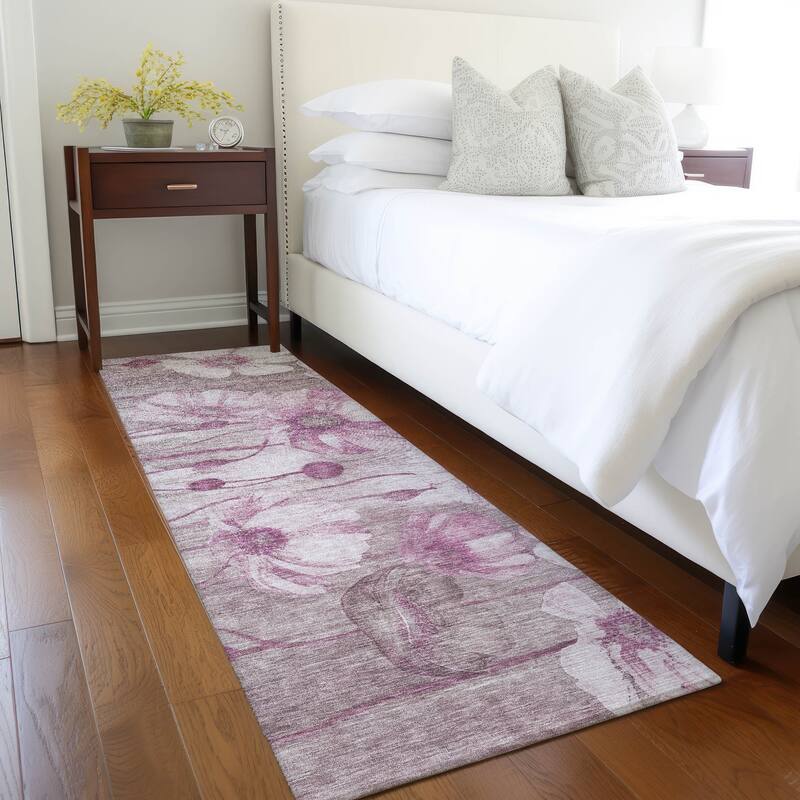 Machine Washable Indoor/ Outdoor Chantille Modern Floral Rug - Plum - 2'3" x 7'6"