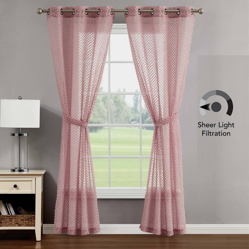Creative Home Ideas Mia Embellished Sheer Grommet Window Curtain Panel Pair with Tiebacks,