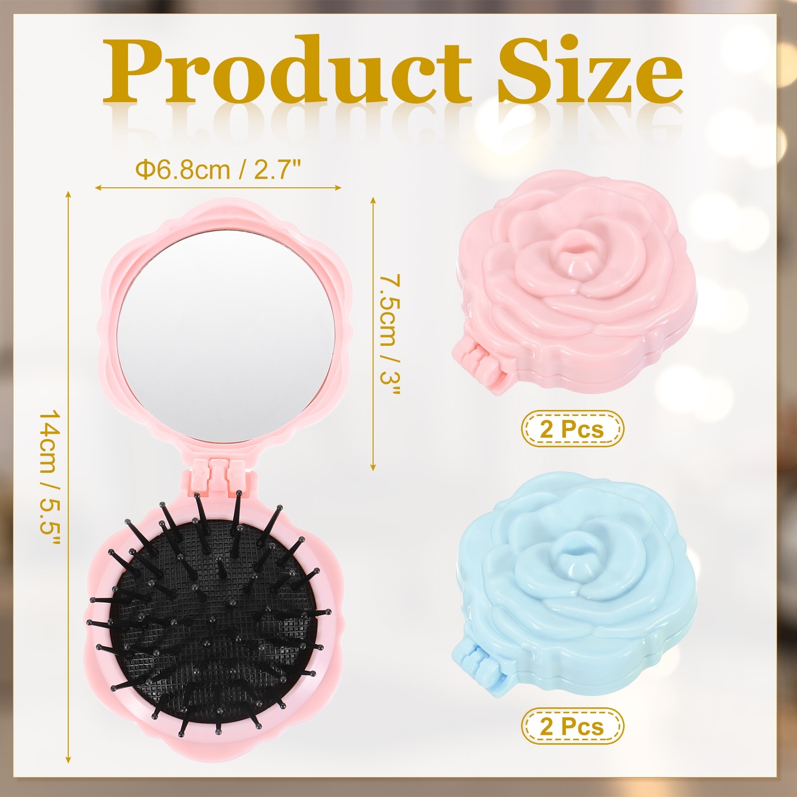Travel Hair Brush with Mirror, Rose Shape Mini Massage Hairbrush Portable Makeup Pocket Folding for Women Girls Gym