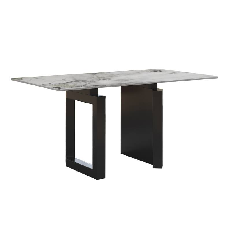 Modern Rectangle Stone Tabletop Black Titanium Stainless Double Pedestal Dining Table - 4 Seats - Jade White