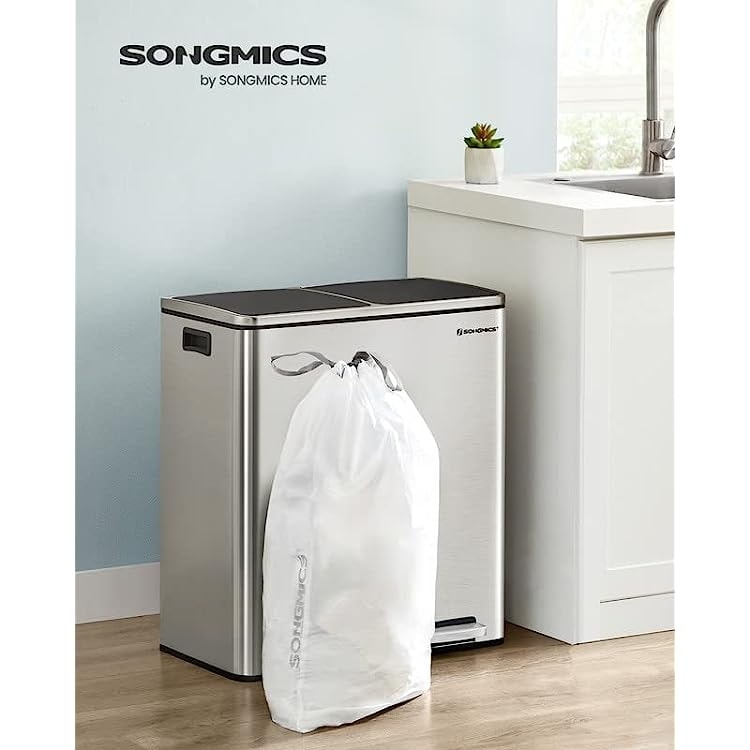 SONGMICS Kitchen Bin, 2 x 30L Metal Household Trash Can 15 Trash Bags, Black
