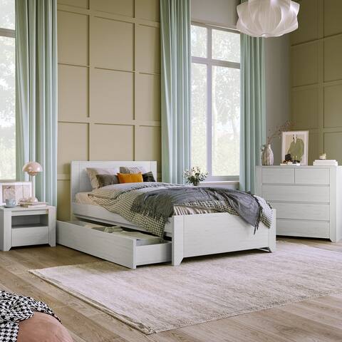 3 Pieces Off White Simple Wood Bedroom Sets with Nightstand and Chest