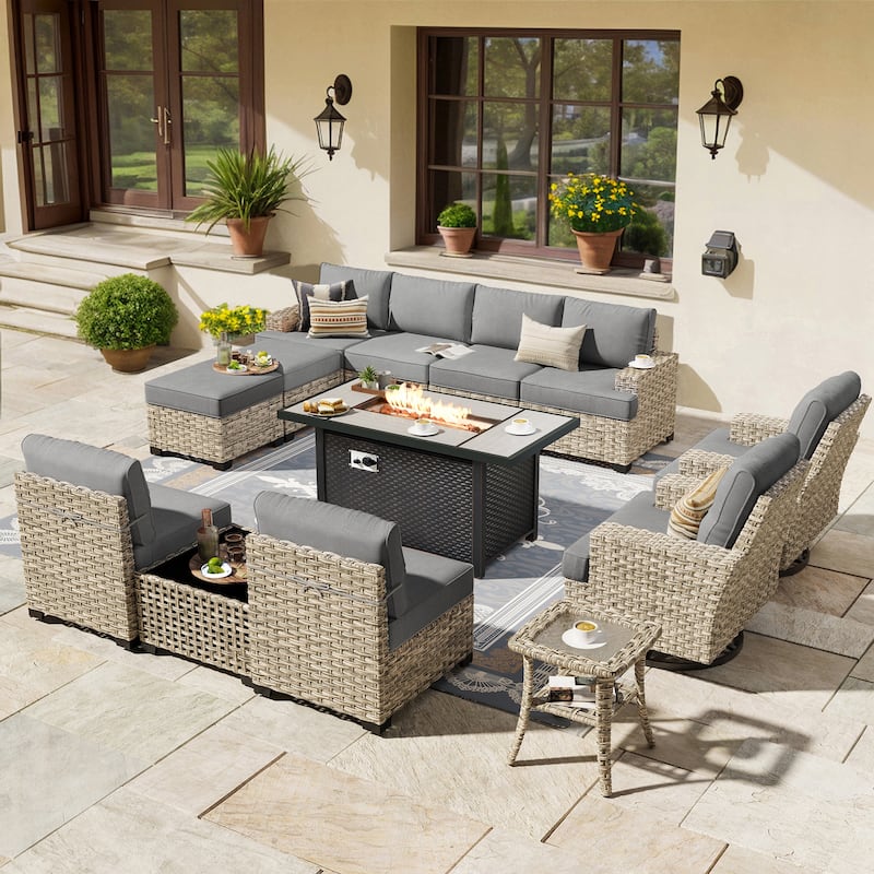 HOOOWOOO 13-piece Outdoor Sofa Patio Wicker Swivel Chair Set with 42" Fire Pit - Dark Grey