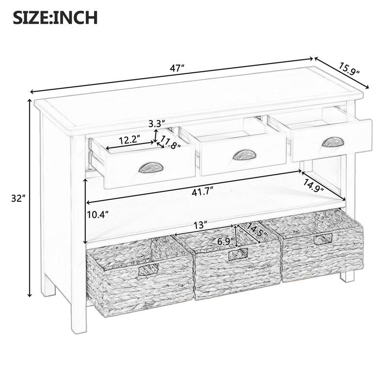 Retro Console Table With 3 Drawers, Entryway Table With 3 Water Hyacinth Woven Baskets,Wooden Accent Sofa Table Buffet Cabinet