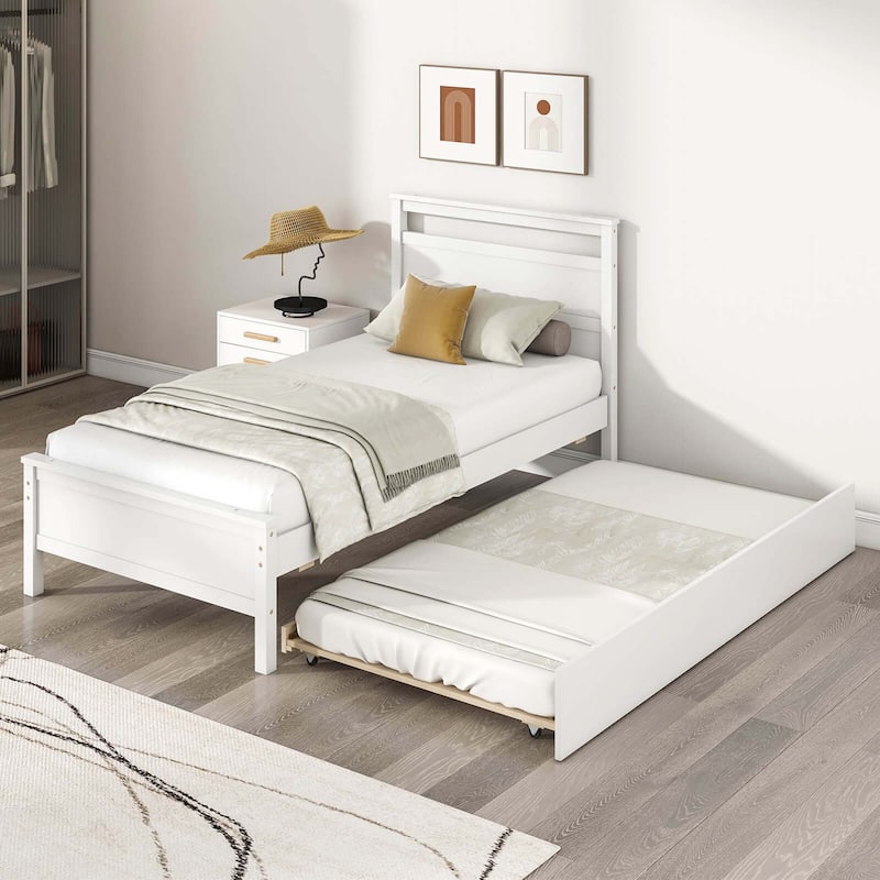 Costway Twin Size Platform Bed with Trundle Pull-out Trundle Headboard