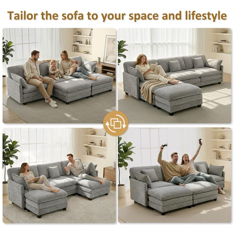 MCombo 111.8'' Modular Sectional Sofa Couch with Reversible Ottoman for Living Room, L Shaped Sofa, FSC Certified