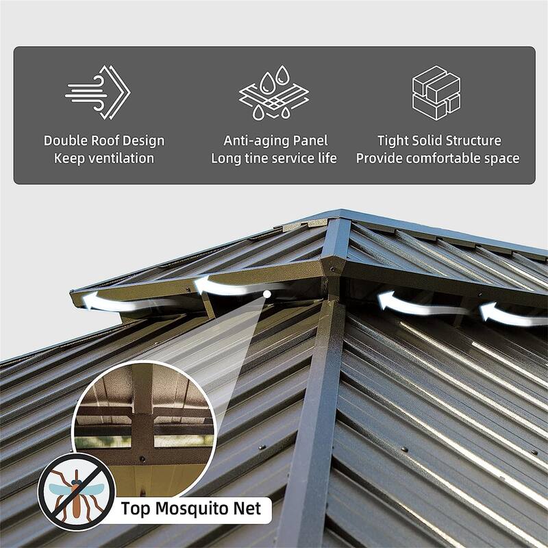 GDFStudio - Terry Outdoor Aluminum Hardtop Gazebo with Galvanized Steel Double Roof, Curtains & Netting