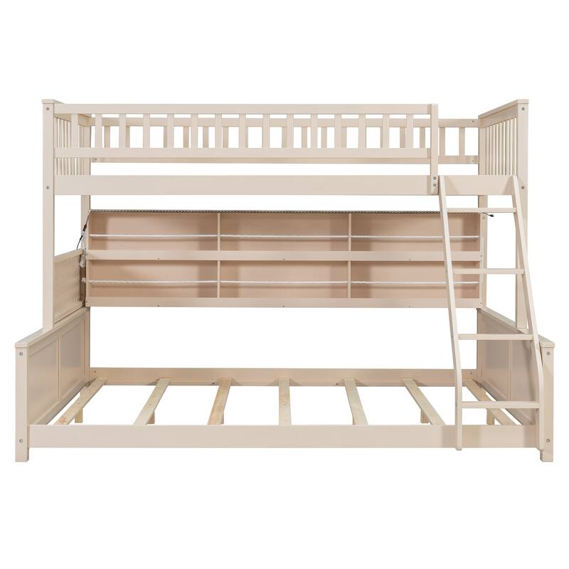 Roomfitters Twin XL over Queen Bunk Bed with Storage Shelf, Pegboard and LED Lights