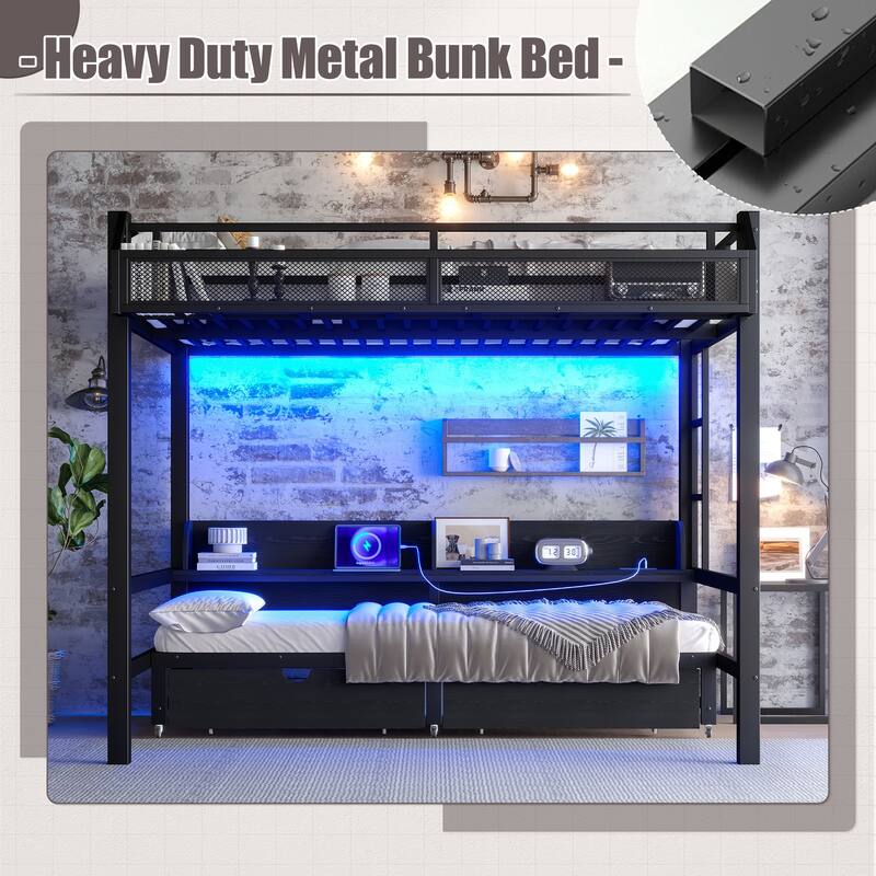 Queen over Queen Bunk Bed with Storage Shelves and Drawers,Multifunctional Metal Bunk Beds with USB Ports and LED,Black