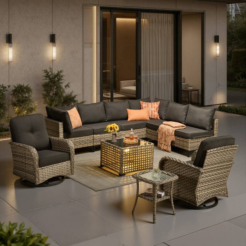 HOOOWOOO 10-piece Patio Wicker Furniture Sectional Set Swivel Rocking Chair Set - Black